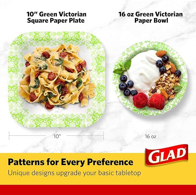 Glad Round Disposable Paper Bowls, Green Victorian Design - Heavy Duty, Soak-Proof, Cut-Resistant, Microwavable Paper Bowls for All Foods and Daily Use, 16 oz, 15 Count