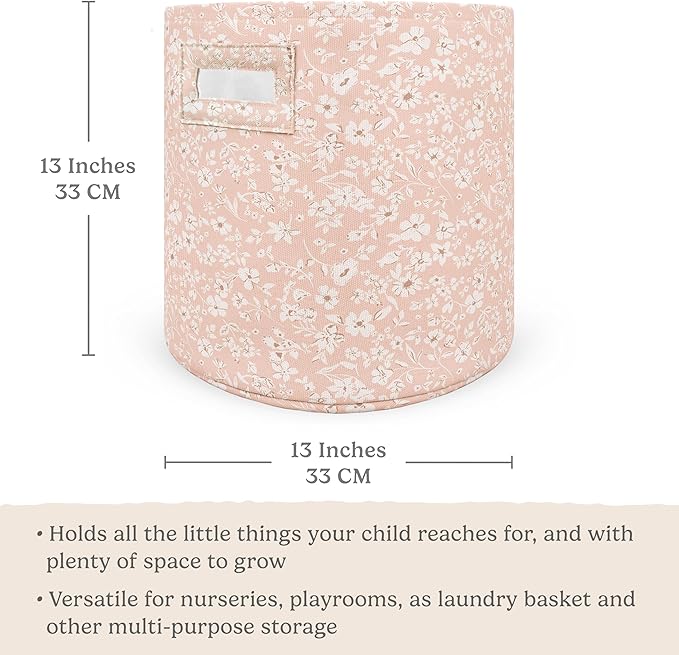 Sorrel + Fern Nursery Storage Basket (Fleurette), Soft Collapsible Fabric Toy Bin, Floral-Inspired Organizer for Playroom or Nursery, Gender-Neutral Decor, 13 × 13 Inches