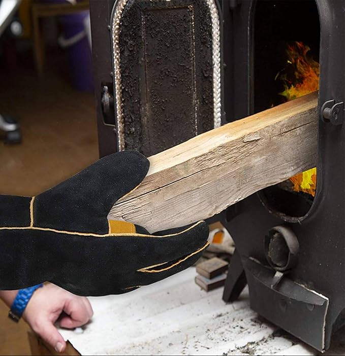 Heat Resistant Gloves for Grill BBQ,Long Sleeve Grill Gloves for Baking,Oven,Fireproof, Stove,Welder,Welding,Fireplace (Bblack-Yellow)
