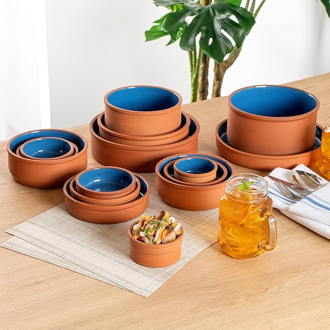Restaurantware-Terra Tek 5.1 Ounce Terracotta Cazuelas, 2 Blue Glazed Clay Pots For Cooking - Oven-Ready, Microwavable, Terracotta Serving Pots, Dishwashable, For Cooking And Serving