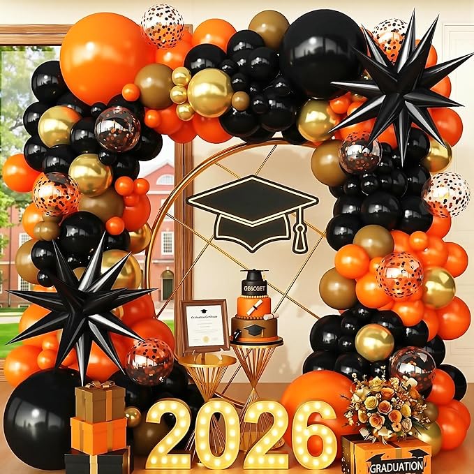 Black Orange Arch Kit Garland with Gold Brown Balloons Star Balloons for 2026 Graduation Decorations Boys Birthday Basketball Sport Event Anniversary Party Decorations