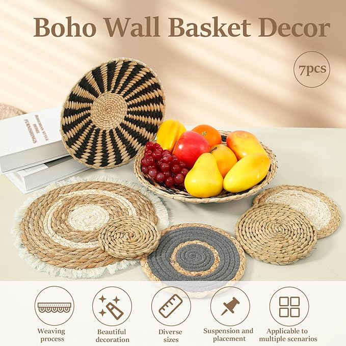 VMBORTI 7 Pcs Boho Wall Basket Set with Handmade Woven Rattan Décor for Living Room, Office, Lightweight, Easy to Hang, and Adds a Natural Boho Touch