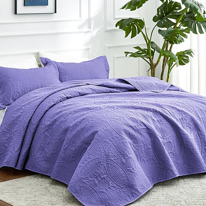 Love's cabin Oversized King Size Quilt Bedding Set Deep Purple Bedspreads - Oversized King Lightweight Bedspread Comforter - Coin Pattern Coverlet for All Season - 3 Pieces (1 Quilt, 2 Pillow Shams)