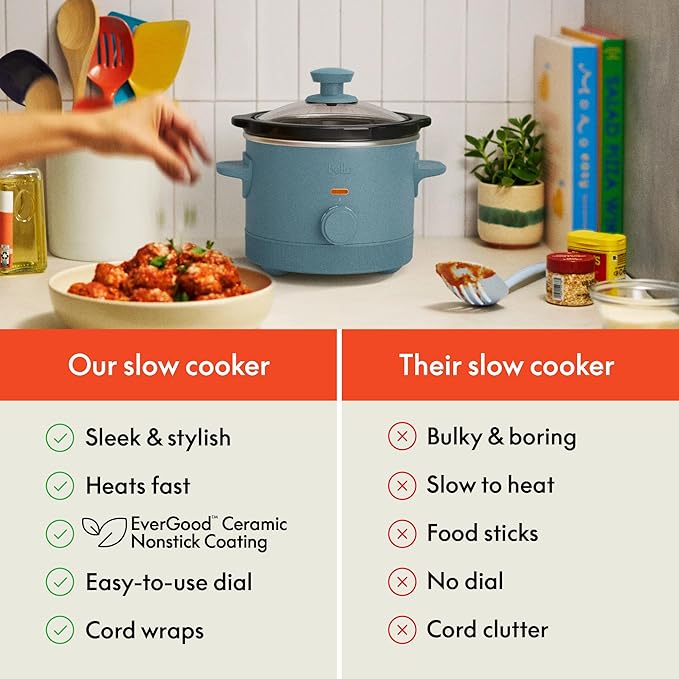 bella 1.5 Qt Slow Cooker with 3 Heat Manual Control, Ceramic Nonstick Coating, Dishwasher Safe Stoneware Pot and Tempered Glass Lid, Tangle Free Cord Wrap & Cool Touch Handles, Surf