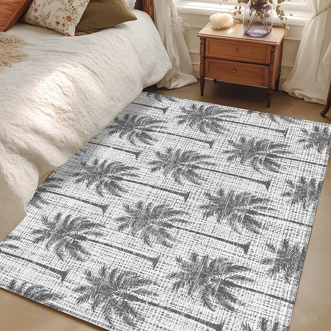 Area Rug 4x6ft, Summer Palm Tree Retro Linen Washable Rugs for Living Room Bedroom, Tropical Gray Botanical Soft Non-Slip Area Rugs Rectangle Floor Carpet for Dining Room