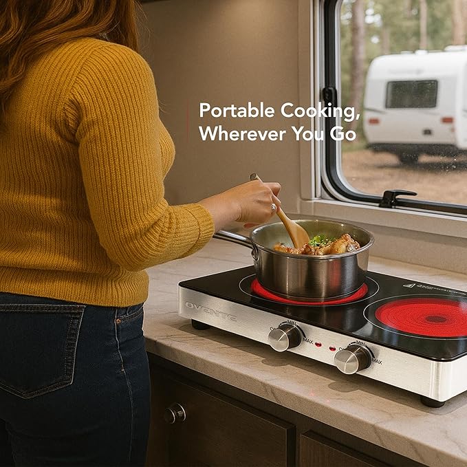 OVENTE Infrared Ceramic Double Burner, 1800W Electric Countertop Hot Plate with Black Crystalline Glass, Portable Stainless Steel Cooktop for Home, Office, or Dorm Use, Black BGI302GB