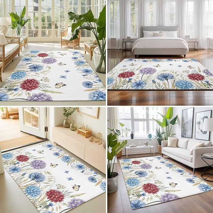 Area Rug 8x10ft, Watercolor Hydrangea Flower Washable Rugs for Living Room Bedroom, Garden Floral Butterfly Leaves Soft Non-Slip Area Rugs Rectangle Floor Carpet for Dining Room