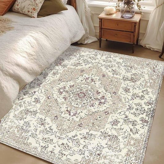 Beige Boho 2.7x5 Area Rugs, Vintage Ethnic Floral Non-Skid Rubber Backing Large Rectangle Rugs - Living Room Bedroom Home Office, Abstract Art Geometric Indoor Floor Mat Carpets Washable Rug