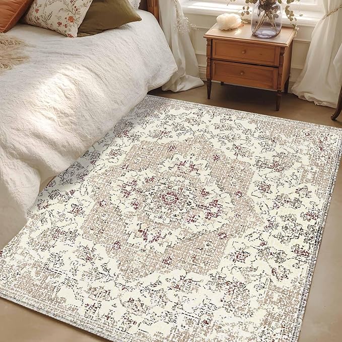 Beige Boho 3x5 Area Rugs, Vintage Ethnic Floral Non-Skid Rubber Backing Large Rectangle Rugs - Living Room Bedroom Home Office, Abstract Art Geometric Indoor Floor Mat Carpets Washable Rug