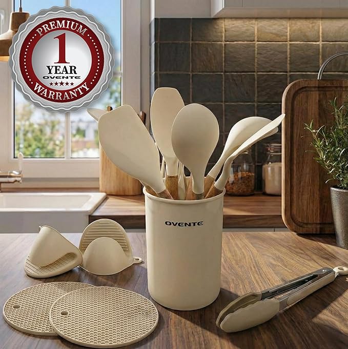 OVENTE Silicone Cooking Utensils Set, 17pcs Heat Resistant Kitchen Tools and Gadgets for Nonstick Cookware, BPA Free Spatula Set with Wooden Handle, Cup Holder, Oven Gloves and Hot Pads, Cream SPS17CR