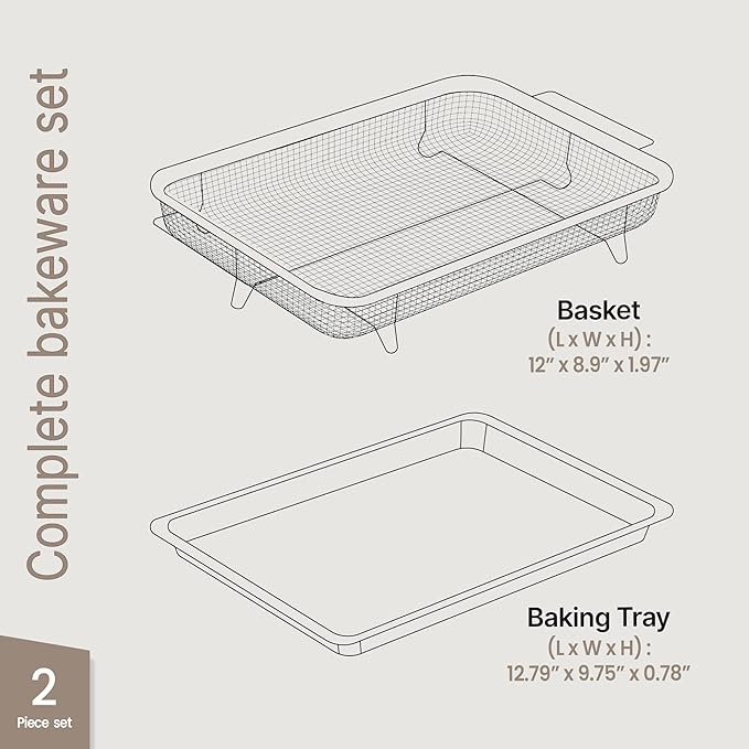 Bakken Swiss Air Fryer Tray, 2 in 1 Nonstick Crisper Air Fry Basket w/Elevated Mesh Great for Oven, Dishwasher Safe – Ceramic Coating PTFE/PFOA/PFOS FREE Extra-large (9.5"x13", Gray)