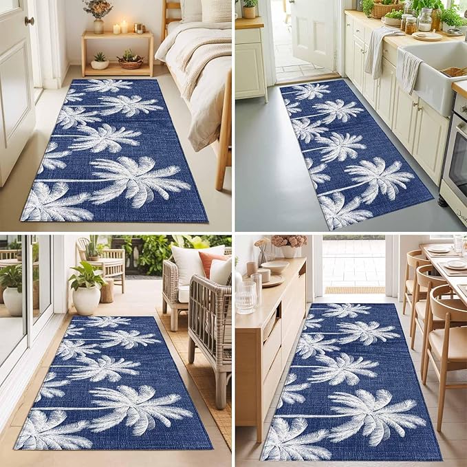 Runner Rug for Bedroom Hallway, Coastal Palm Trees on Blue Kitchen Runner Rugs Area Rug 2x6ft, Minimalist Tropical Leaves Washable Soft Floor Carpet for Entryway Stair