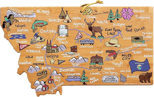 Totally Bamboo Montana State Shaped Cutting Board and Charcuterie Serving Platter with Artwork by Fish Kiss, Includes Hang Tie for Wall Display