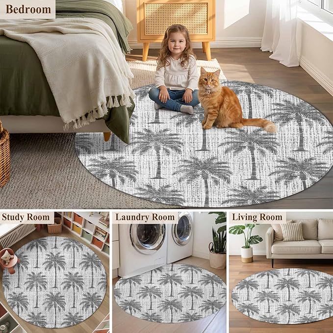 Washable Round Area Rug Summer Palm Tree Retro Linen Circle Rugs Floor Carpet for Living Room Bedroom, Tropical Gray Botanical Soft Non Slip Round Rug 5ft