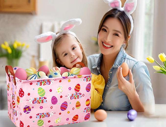 Large Rectangular Easter Baskets Empty Waterproof Boy Toy Box Foldable Kid's Gifts Storage Bin Spring Room Decor(HAPPY Pink Rabbit Egg)