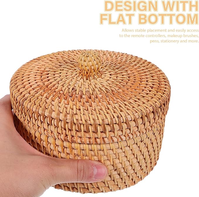 MAGICLULU Vintage Rattan Storage Box with Lid Small Round Woven Basket for Desktop Sundries Organizer Home Kitchen Storage