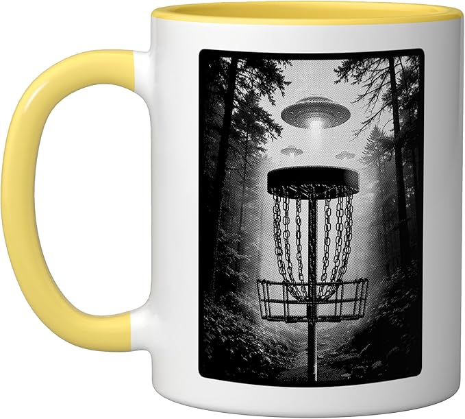 Disc Golf Basket UFO Selfie Funny Alien Wooded Hole Course Ceramic Mug, Yellow/White