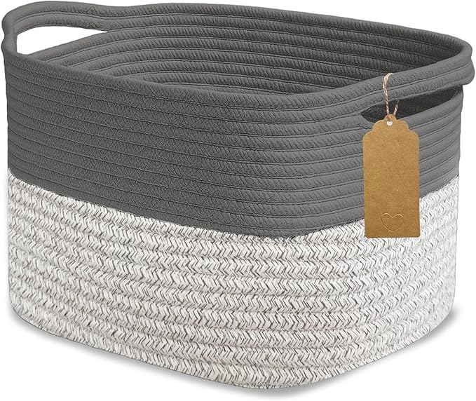 Woven Storage Basket, Cotton Rope Closet Organizers Bins for Clothes Blanket Towels, Stylish Gift Baskets with Handles, 13.4 x 9.3 x 9.5 in, Grey and Dark Gray (Pack of 1)