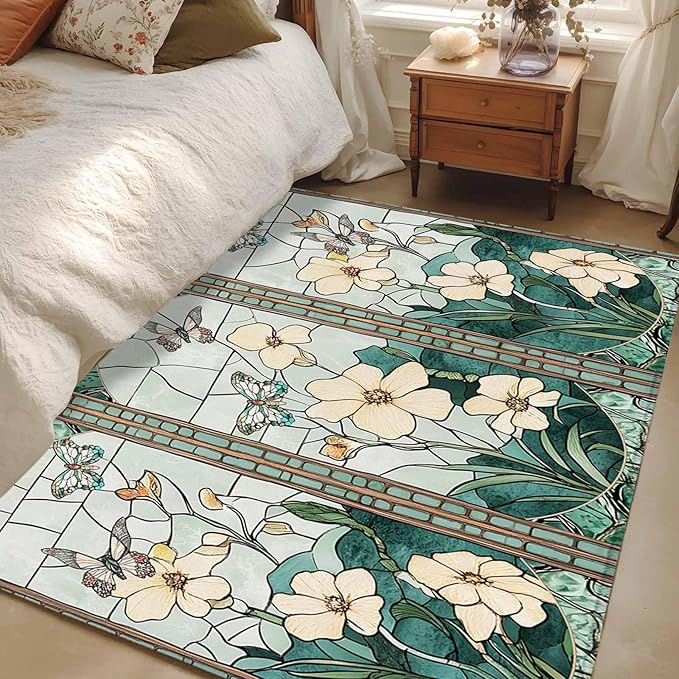 Area Rug 4x6ft, Spring Flower Colorful Butterfly Washable Rugs for Living Room Bedroom, Vintage Green Plant Soft Non-Slip Area Rugs Rectangle Floor Carpet for Dining Room