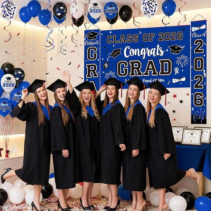 Graduation Decorations Class of 2026 - Blue Themed Graduation Supplies Include Grad Backdrop, Banner, Hanging Swirls, Porch Sign, Balloons, Foil Number 2026 for Congrats Grad Party Decorations