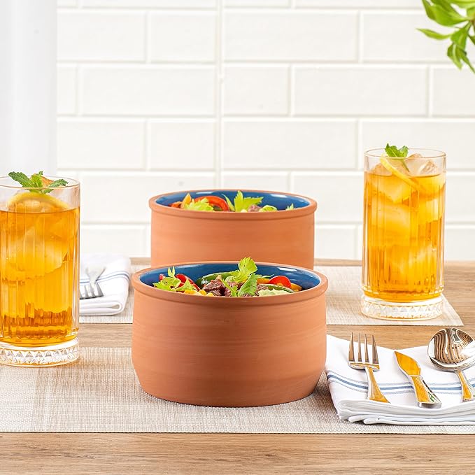 Restaurantware-Terra Tek 34 Ounce Terracotta Cazuelas, 2 Blue Glazed Clay Pots For Cooking - Oven-Ready, Microwavable, Terracotta Serving Pots, Dishwashable, For Cooking And Serving