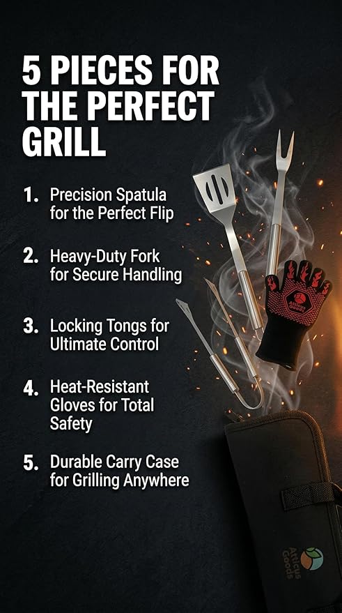 Stainless Steel Grill Set, 5 Piece Heavy Duty Barbecue Tools, BBQ Grilling Accessories Grill Kit with Tongs, Spatula, Fork, Gloves and Zippered Carry Bag
