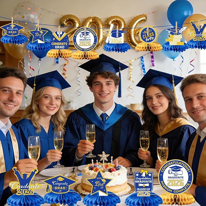 Class of 2026 Graduation Decorations - 9PCS Blue Gold Table Centerpieces, 2026 Congrats Grad Honeycomb Centerpieces Table Decor for Graduation Party Supplies