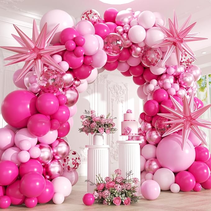 Pink Balloons Garland Arch Kit - 161Pcs Different Size Hot Pink Metallic Pink Shades of Pink and Confetti Balloons for Girl Birthday Baby Shower Princess Valentine's Day Party Decorations
