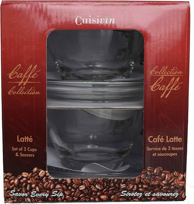 Latte 9 oz Cup and Saucer-gift box set (2 cups + 2 saucers) Drinkware Cups With Saucers, Clear