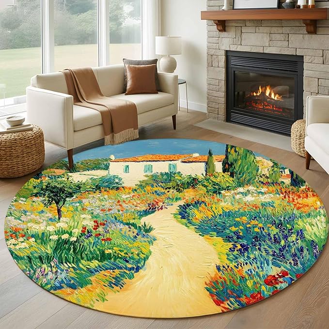 Washable Round Area Rug Pastoral Floral Pink Yellow Flower Green Leaves Circle Rugs Floor Carpet for Living Room Bedroom, Farm Plants Soft Non Slip Round Rug 5ft