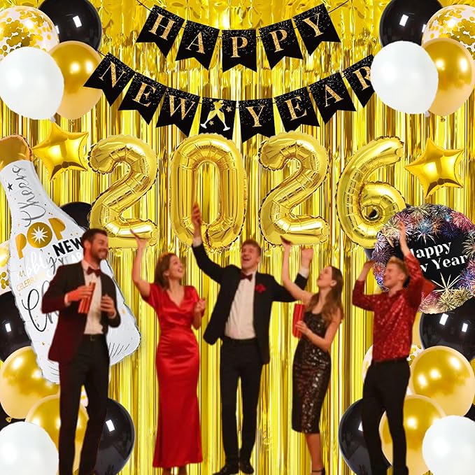 New Year Decorations 2026, Happy New Years Supplies 2026 Balloons Decoration Kit with Balloon Happy New Year Banner Foil Balloons Fringe Curtain for NYE Backdrop Decorations