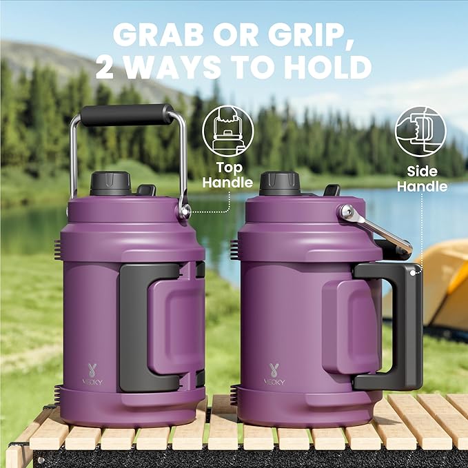 64 oz Insulated Water Bottle for Gym: Meoky Triple Wall Vacuum Stainless Steel Half Gallon Water Jug - Top and Side Handles, 2-in-1 Straw and Spout Lid, Cold for 36 Hrs, Leak Proof for Camping (Plum)