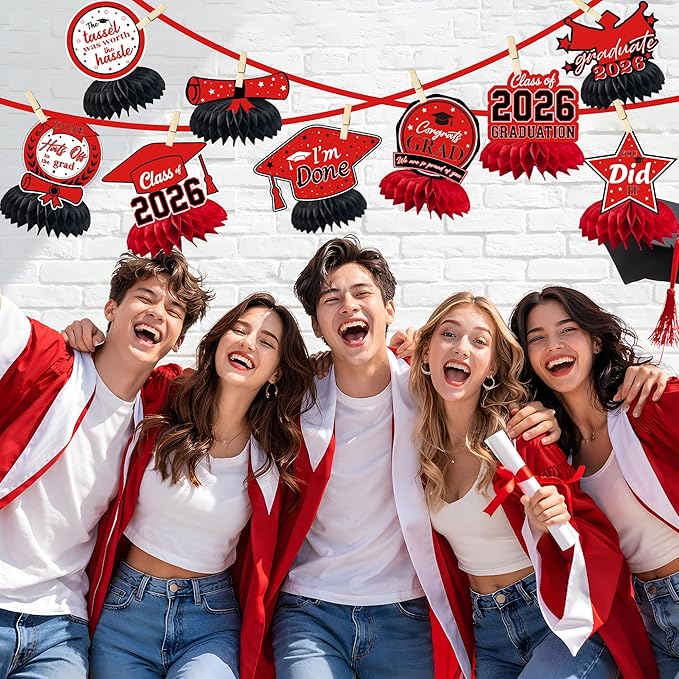 Graduation Decorations 2026 - Red Graduation Honeycomb for Table Centerpiece | Graduation Party Decorations Class of 2026,Table Toppers for Graduation Party Favors Supplies Indoor Outdoor