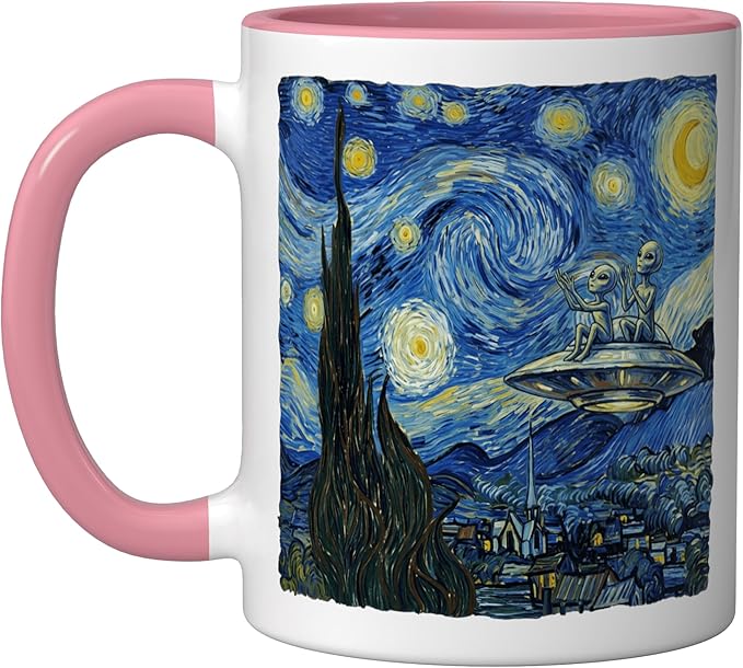 Aliens Saucer UFO Extraterrestrial Fun Starry Night Van Gogh Ceramic Mug, Pink/White