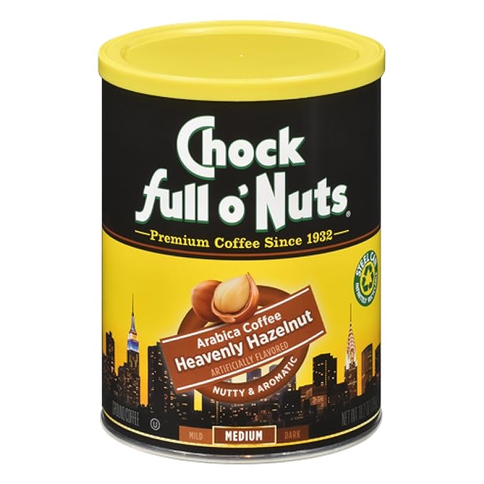 Chock Full o' Nuts Heavenly Hazelnut Ground Coffee – Premium Beans in Recyclable Steel Can – Rich Flavor & Aroma, Medium Roast – Perfect for Drip, Pour-Over, Percolator – 10.2 Oz Can