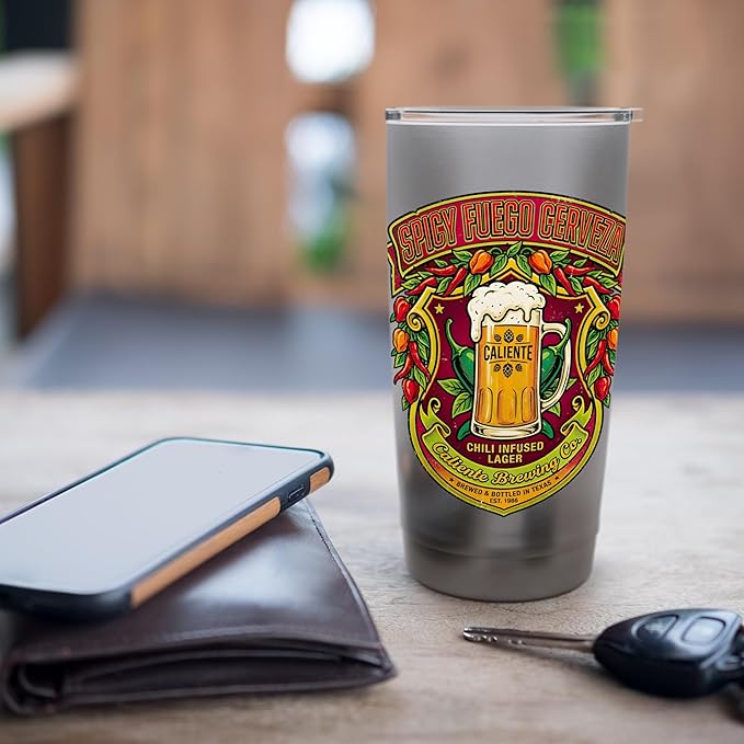 Spicy Fuego Cerveza Chili Texas Drinking Vintage Beer Label Stainless Steel Insulated Tumbler