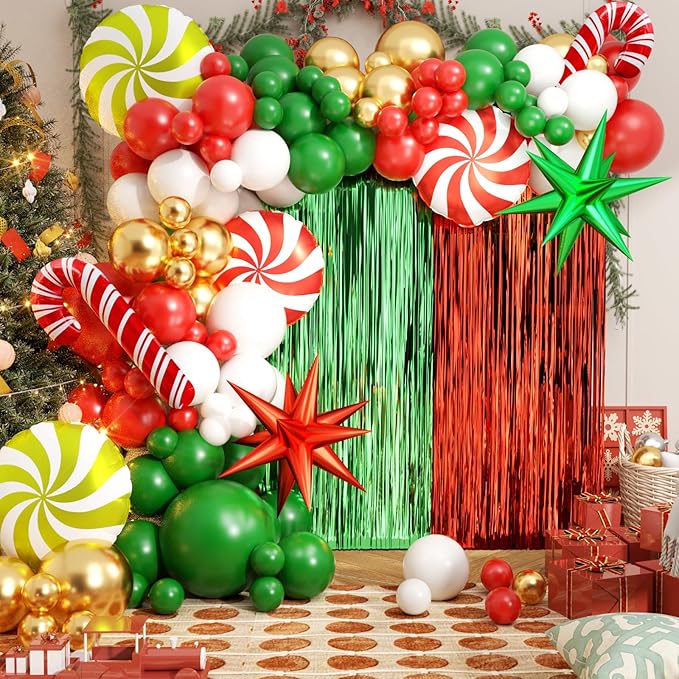 Christmas Party Decorations, 127Pcs Christmas Balloon Garland Arch Kit with Fringe Curtain, Red Green White Gold Balloons for Kids Adults Friends Ugly Sweater Party Supplies