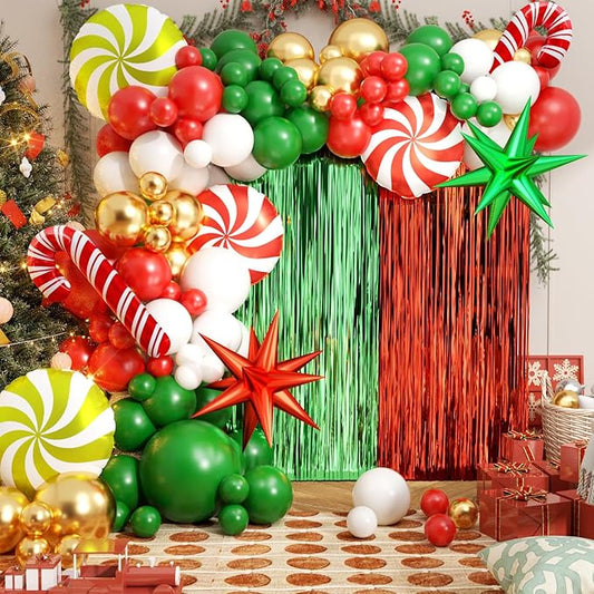 Christmas Party Decorations, 127Pcs Christmas Balloon Garland Arch Kit with Fringe Curtain, Red Green White Gold Balloons for Kids Adults Friends Ugly Sweater Party Supplies
