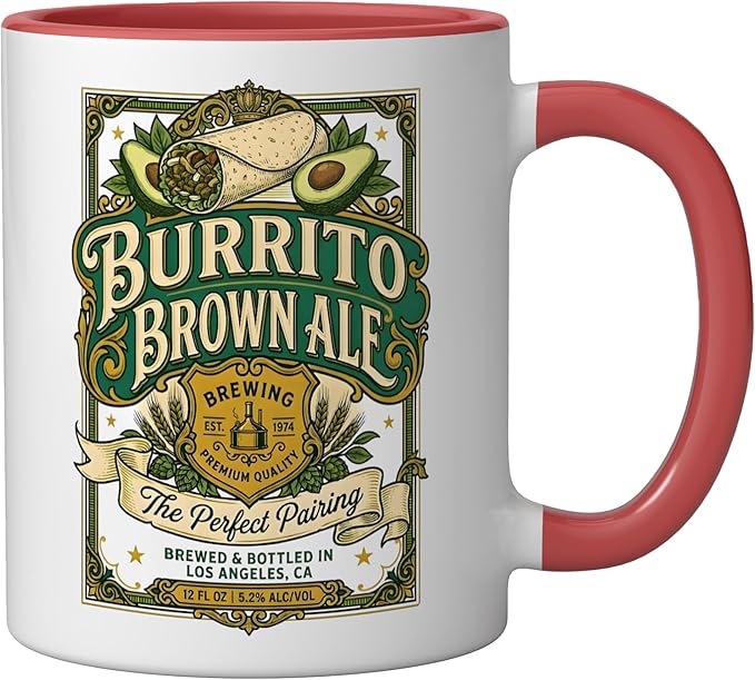 Burrito Brown Ale Mexican Food Retro Funny Beer Label Ceramic Mug, Red/White