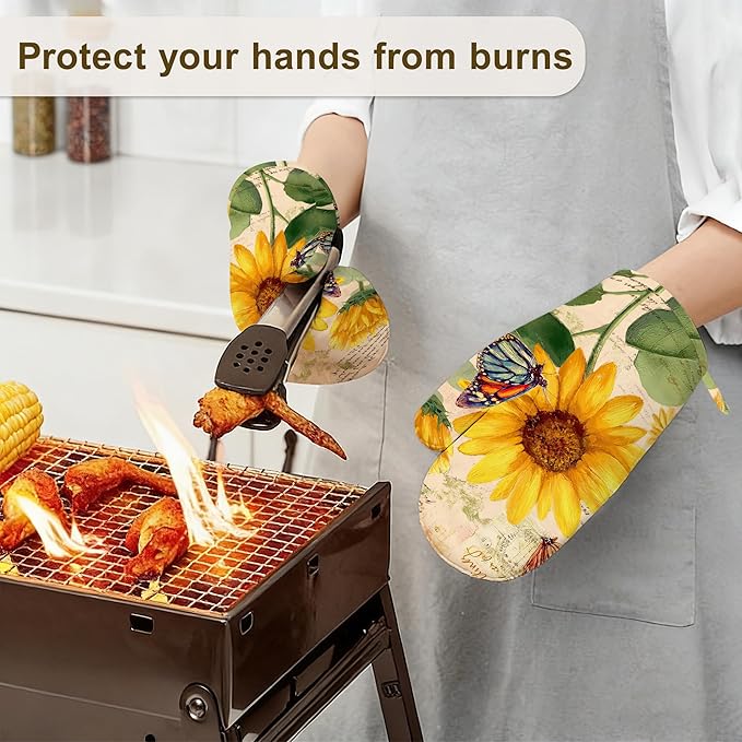 Sunflower Floral Butterfly Oven Mitts and Pot Holders Sets,Silicone Kitchen Mitts Potholders Heat Resistant 4Pcs Oven Gloves Hot Pads for Kitchen Baking Cooking