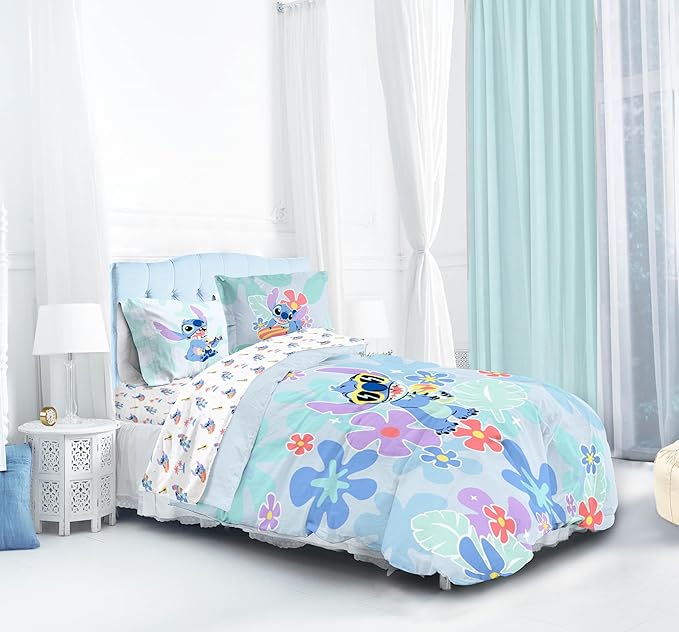 Jay Franco Disney Lilo and Stitch Full Size Comforter Set - 7 Piece Bedding Includes Sheet Set & Pillow Covers - Super Soft Tropical Bedding