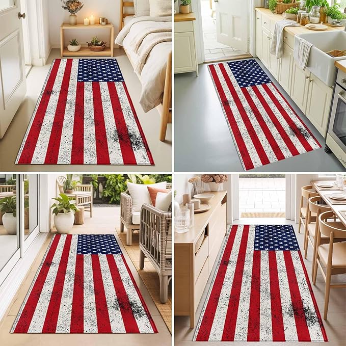 Runner Rug for Bedroom Hallway, Independence Day Stars Stripes Retro Kitchen Runner Rugs Area Rug 2x6ft, Patriotic Flag Red Blue Washable Soft Floor Carpet for Entryway Stair