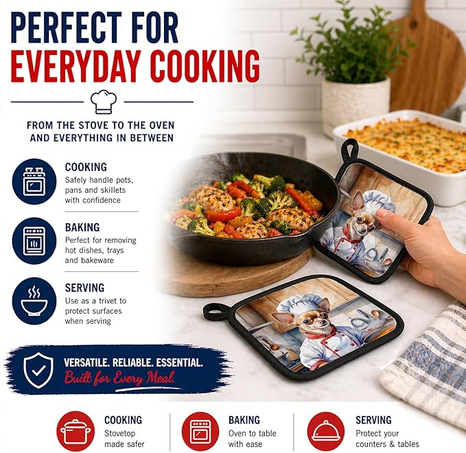 Caroline's Treasures Chihuahua The Chef Pair of Pot Holders Kitchen Heat Resistant Pot Holders Sets Oven Hot Pads for Cooking Baking BBQ, 7 1/2 x 7 1/2