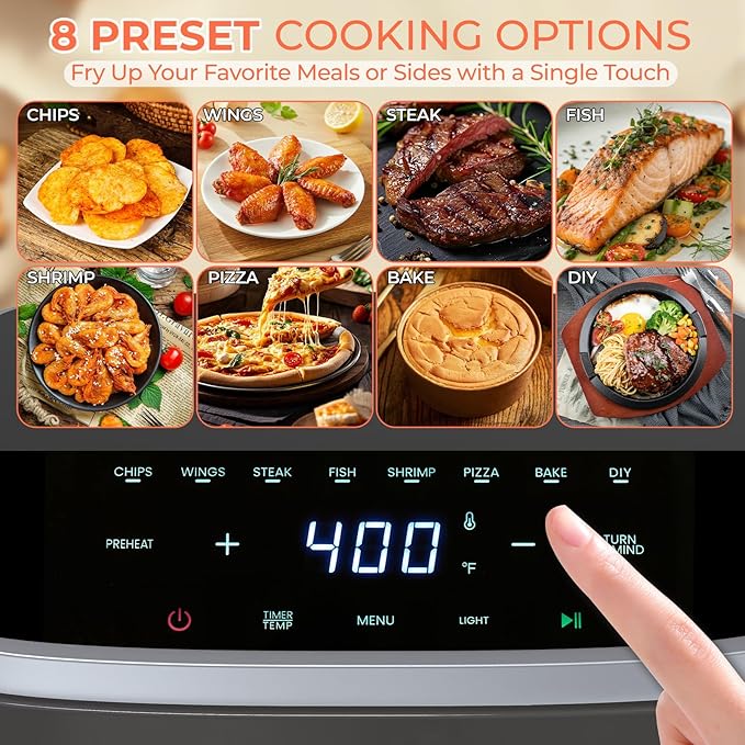 NEWBULIG Air Fryer，4QT Small AirFryer with Easy View Window and Interior Light, Digital Touchscreen with 8 Presets for Custom Cooking, Nonstick and Dishwasher Safe Basket, Grey