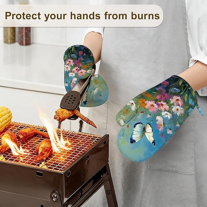 Oil Painting Wild Flowers Butterfly Oven Mitts and Pot Holders Set of 4, Heat Resistant Non Slip Kitchen Gloves Hot Pads,Chef Cooking Baking Gifts for Women Bakers,Kitchen Cooking Lover Cooks