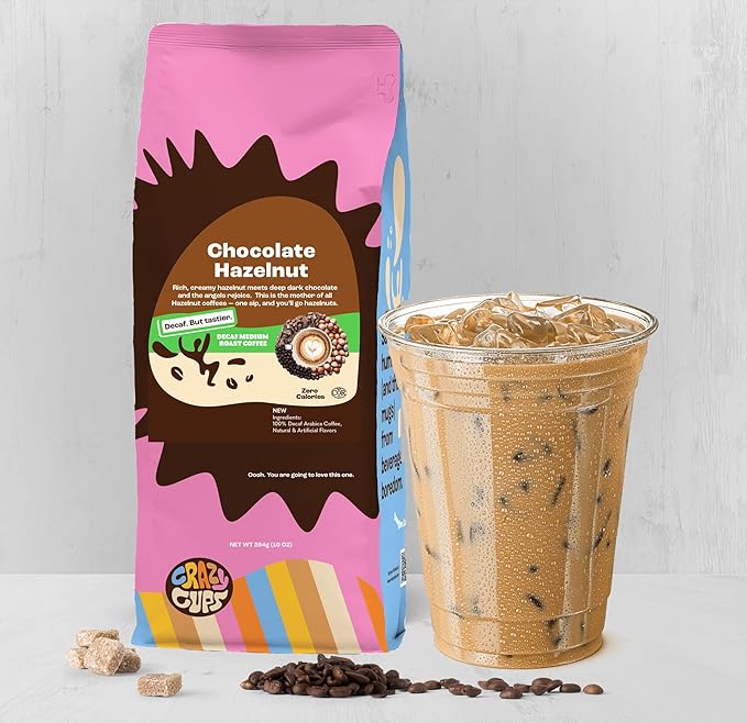 Crazy Cups Flavored Decaf Ground coffee, Hazelnut Coffee Flavored Ground Coffee, Decaffeinated Coffee For Brewing Decaf Coffee Ground Hot or Iced, 10 oz Bag