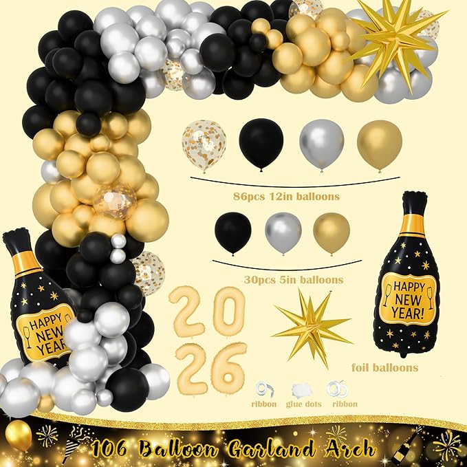 New Year Party Decorations 2026, Happy New Year's Eve Party Supplies Kit, 2026 Gold Black New Year Party Decor with Bckdrop Balloon Garland Tablecloth Balloon Boxes for 2026 Year Party