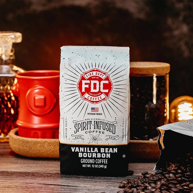 Fire Department Coffee - Vanilla Bourbon Coffee - Gives Back to Firefighters - Vanilla Bean Bourbon Infused Ground - Non-Alcoholic - Roasted in the USA - Veteran Owned (12 oz, Pack of 2)