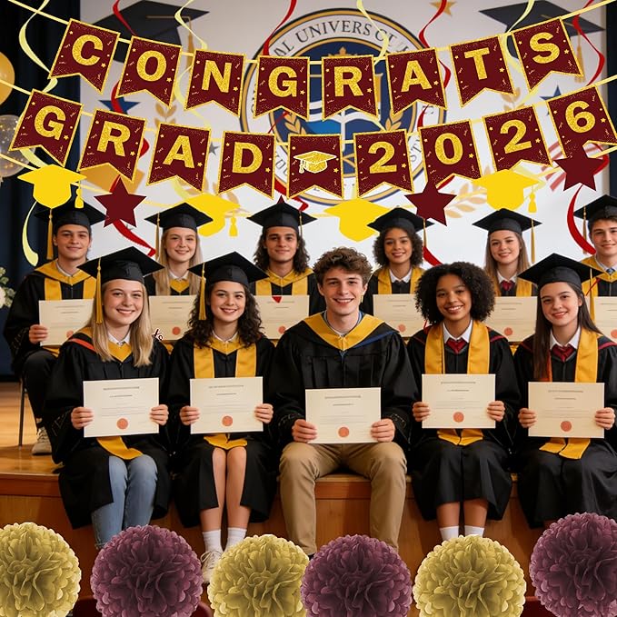 17 Pcs Maroon and Gold Graduation Decorations, Congrats Grad 2026 Banner Set with Hanging Swirls & Tissue Paper Pom Poms, Class of 2026 Graduation Party Decor