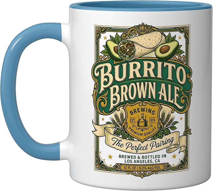 Burrito Brown Ale Mexican Food Retro Funny Beer Label Ceramic Mug, Blue/White